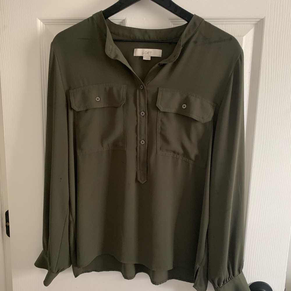 LOFT Women's Olive Green Button-Front Utility Blouse